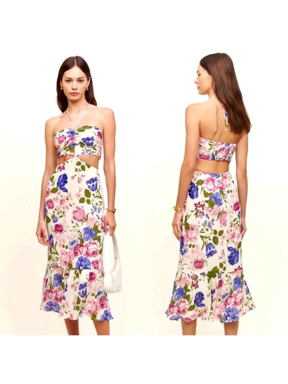 Reformation Riya Dress in Donna Floral, Cutout Halter Neck Midi Dress, Pink Blue